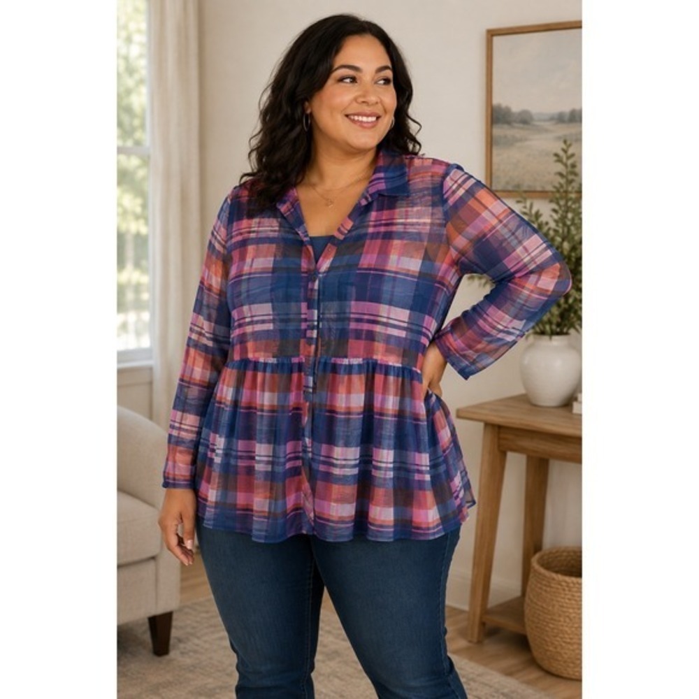 Terra & Sky Plaid Mesh Babydoll Top 1X Sheer Pink Blue Empire Waist Blouse